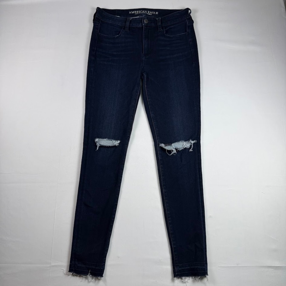 American Eagle Hi-Rise Jegging Dark Wash Distressed Raw Hem Jeans Size 6 Stretch